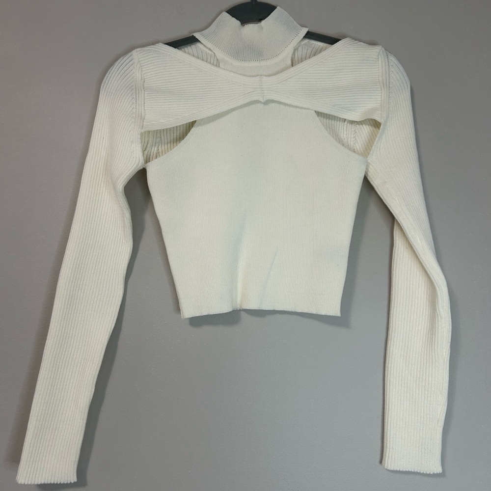 Very J Cream Ribbed Cutout Crop Top